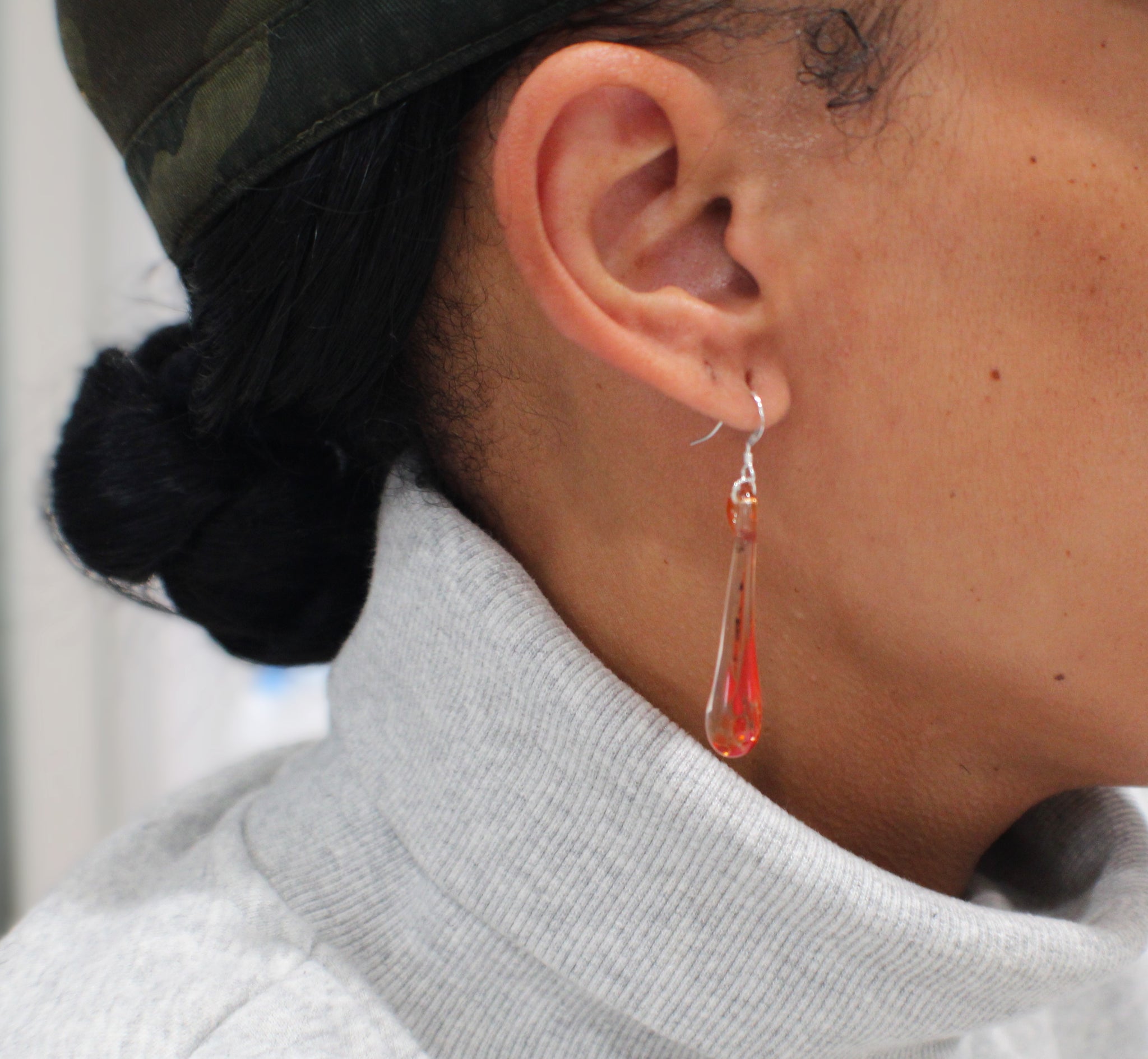 Recycled Glass Dew Drop Earrings: Red/Orange