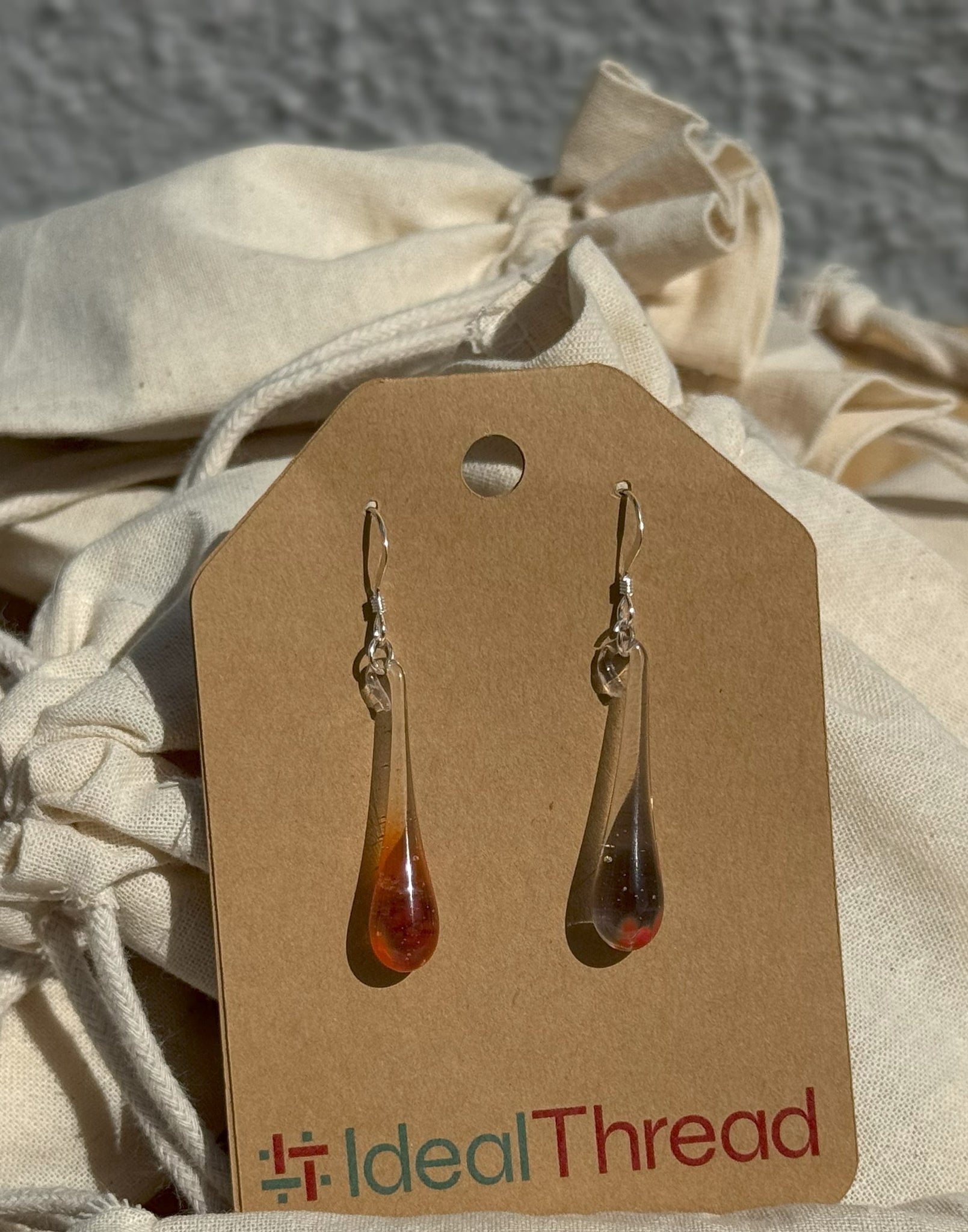 Recycled Glass Dew Drop Earrings: Red/Orange